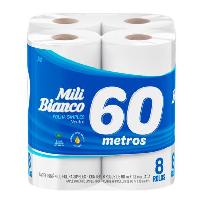 Papel Higienico Folha Simples Neutro Pt C/96 Rolos De 60m Mili
