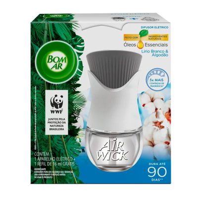 Odorizador Eletrico Lirio Branco E Algodao Aparelho + Refil 16ml Bom Ar