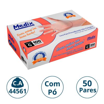 Luva Vinil P/procedimento C/po Transparente Cx C/50 Pares G Medix (ca 44561)