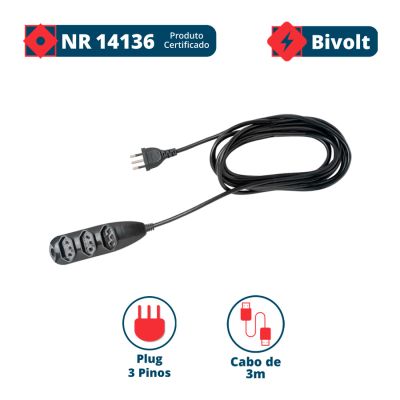 Extensao 3 Tomadas C/3m Preta 3 Pinos 10a Intelbras