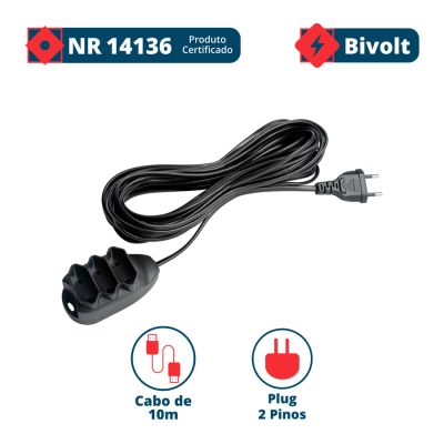 Extensao 3 Tomadas C/10m Preta 2 Pinos 10a Intelbras