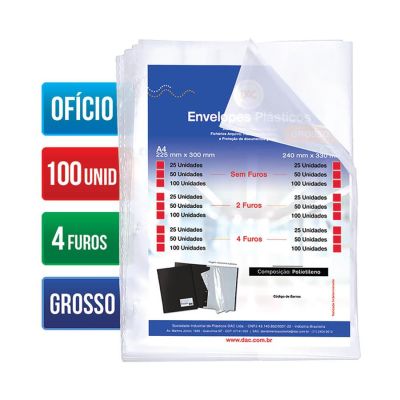 Envelope Plastico Oficio Grosso C/4 Furos 15 Micras C/100 Ref 5076 Dac