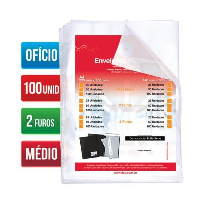 Envelope Plastico Oficio Medio C/2 Furos 10 Micras C/100 Ref 5079 Dac
