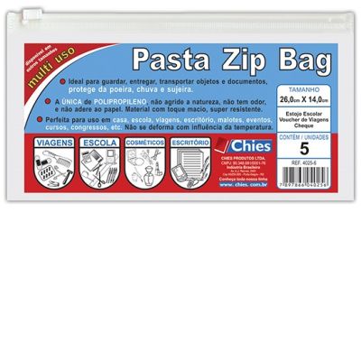 Envelope Plastico Cristal Ziper S/ Visor 14x28cm C/5 Chies 4025
