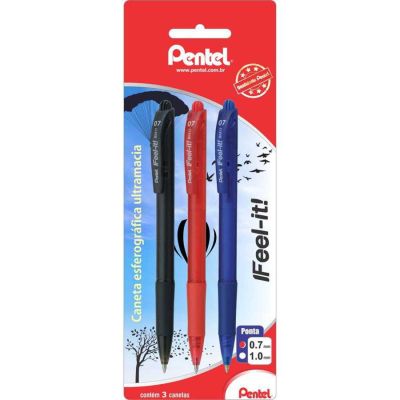 Caneta Esferografica Retratil Feel-it 0.7mm Bls C/3 Azul,preta, Vermelha Sm/bx417-abc Pentel