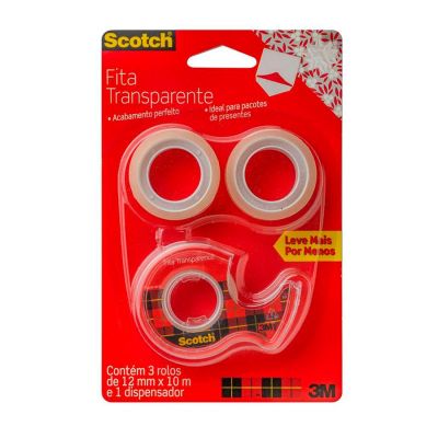 Fita Adesiva 12mm X 10m Transparente C/3 Rl + Dispensador Scotch 3m