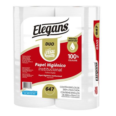 Papel Higienico Folha Dupla Rolao 250m Branco Soft Duo Pt C/8 Rolos Mili Professional 647
