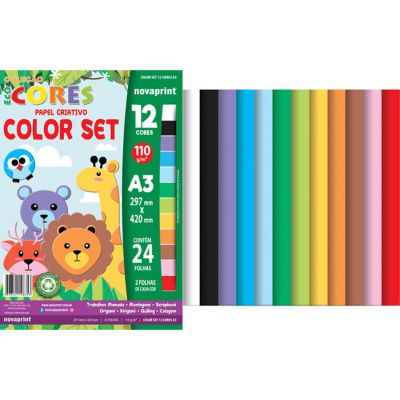Papel Criativo A3 297x420mm 110g 24fls 12 Cores Novaprint