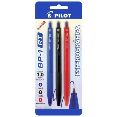 Caneta Esferografica Retratil Bp-1 Rt 1.0mm Bls C/3 Azul, Preta E Vermelha Pilot