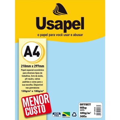 Papel Sulfite A4 180g 60kg Azul 50fls Usapel Ww