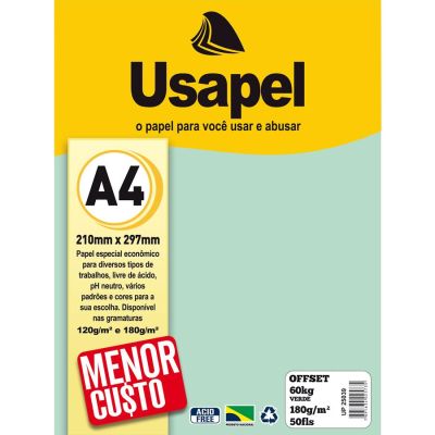 Papel Sulfite A4 180g 60kg Verde 50fls Usapel