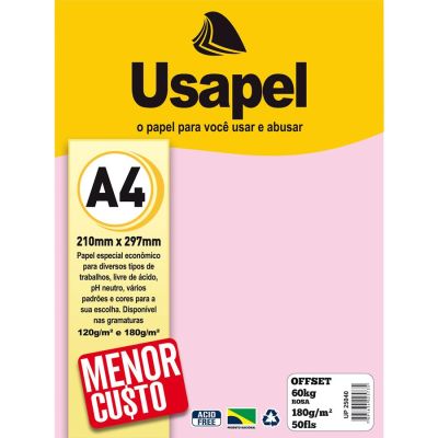 Papel Sulfite A4 180g 60kg Rosa 50fls Usapel