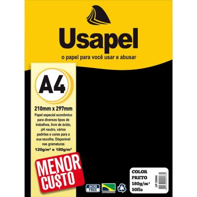 Papel Sulfite A4 180g Color Preto 50fls Usapel 25004