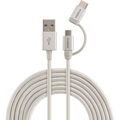 Cabo Para Smartphone 2 Em 1 Usb Para Micro Usb + Usb-c 1,5m Nylon Branco Euabc 15nb Intelbras