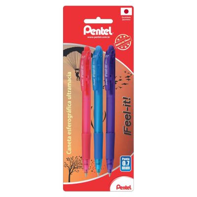 Caneta Esferografica Com Tampa Feel-it 0.7mm Bls C/3 Rosa,lilas,azul Claro Sm/bx487-psv Pentel Ww