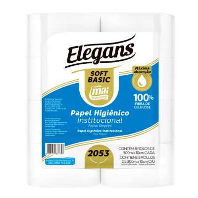 Papel Higienico Folha Simples Rolao 300m Branco Soft Slim 15g C/8 Rolos Elegans 2053
