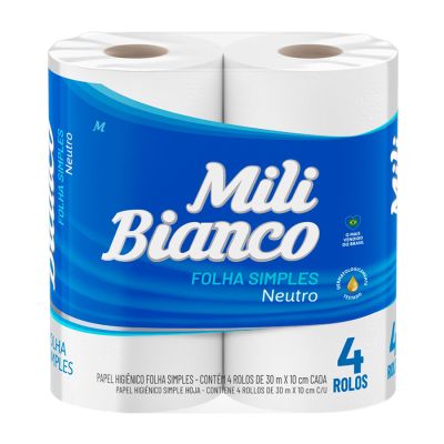 Papel Higienico Folha Simples Neutro Pt C/4 Rolos De 30m Mili Bianco