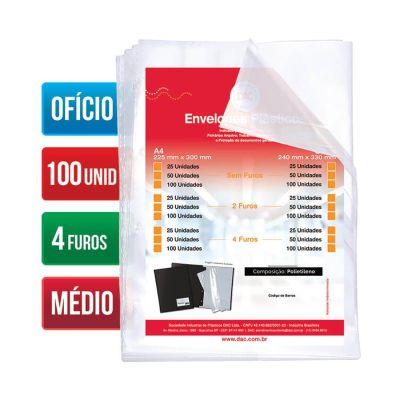 Envelope Plastico Oficio Medio C/4 Furos 10 Micras C/100 Ref 5078 Dac