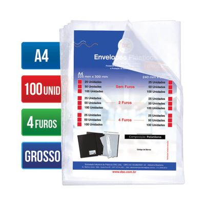 Envelope Plastico A4 Grosso C/4 Furos 15 Micras C/100 Ref 5076 Dac