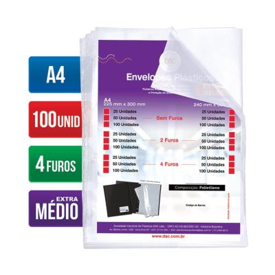 Envelope Plastico A4 Extra Medio C/4 Furos 12 Micras C/100 Ref 5178 Dac