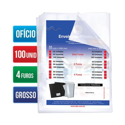 Envelope Plastico Oficio Grosso C/4 Furos 15 Micras C/100 Ref 5076 Dac