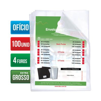 Envelope Plastico Oficio Extra Grosso C/4 Furos 20 Micras C/100 Ref 5088 Dac
