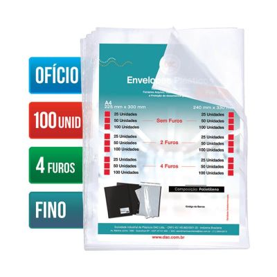Envelope Plastico Oficio Fino C/4 Furos 6 Micras C/100 Ref 5070 Dac