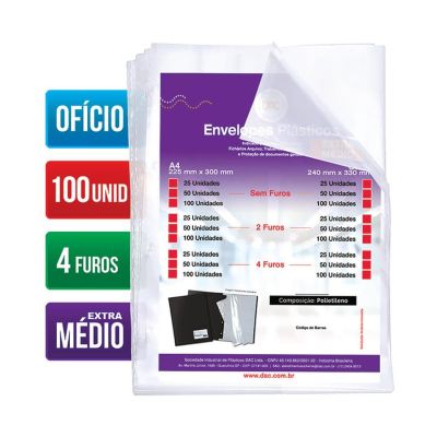Envelope Plastico Oficio Extra Medio C/4 Furos 12 Micras C/100 Ref 5178 Dac