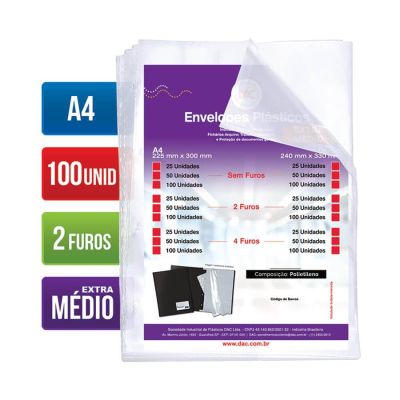 Envelope Plastico A4 Extra Medio C/2 Furos 12 Micras C/100 Ref 5179 Dac