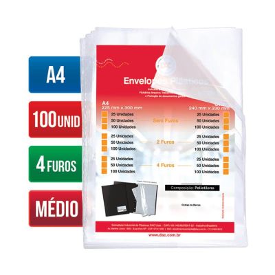 Envelope Plastico A4 Medio C/4 Furos 0.10 Micras C/100 Ref 5078 Dac