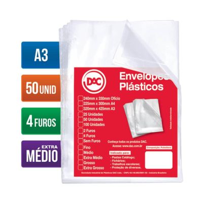 Envelope Plastico A3 Extra Medio C/4 Furos 12 Micras C/50 Ref 5324 Dac