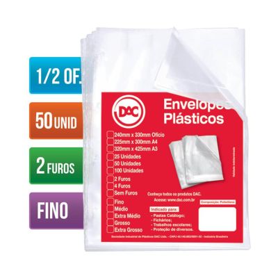 Envelope Plastico 1/2 Oficio Fino C/2 Furos 6 Micras C/50 Ref 5192 Dac