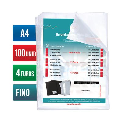 Envelope Plastico A4 Fino C/4 Furos 6 Micras C/100 Ref 5070 Dac