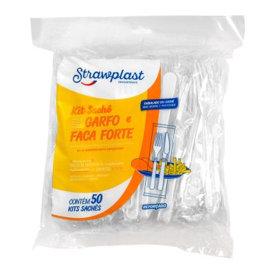 Kit Sache Garfo E Faca Plastico Branco Ps C/50 Strawplast