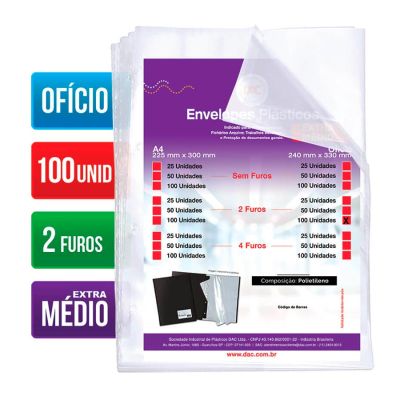 Envelope Plastico Oficio Extra Medio C/2 Furos 12 Micras 100 Un 5179 Dac